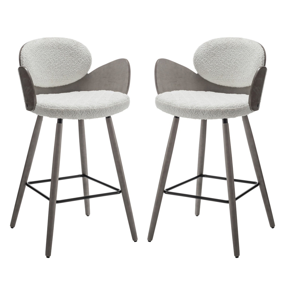 Set of Two 28" White And Gray Textured Fabric And Wood Counter Height Bar Chairs