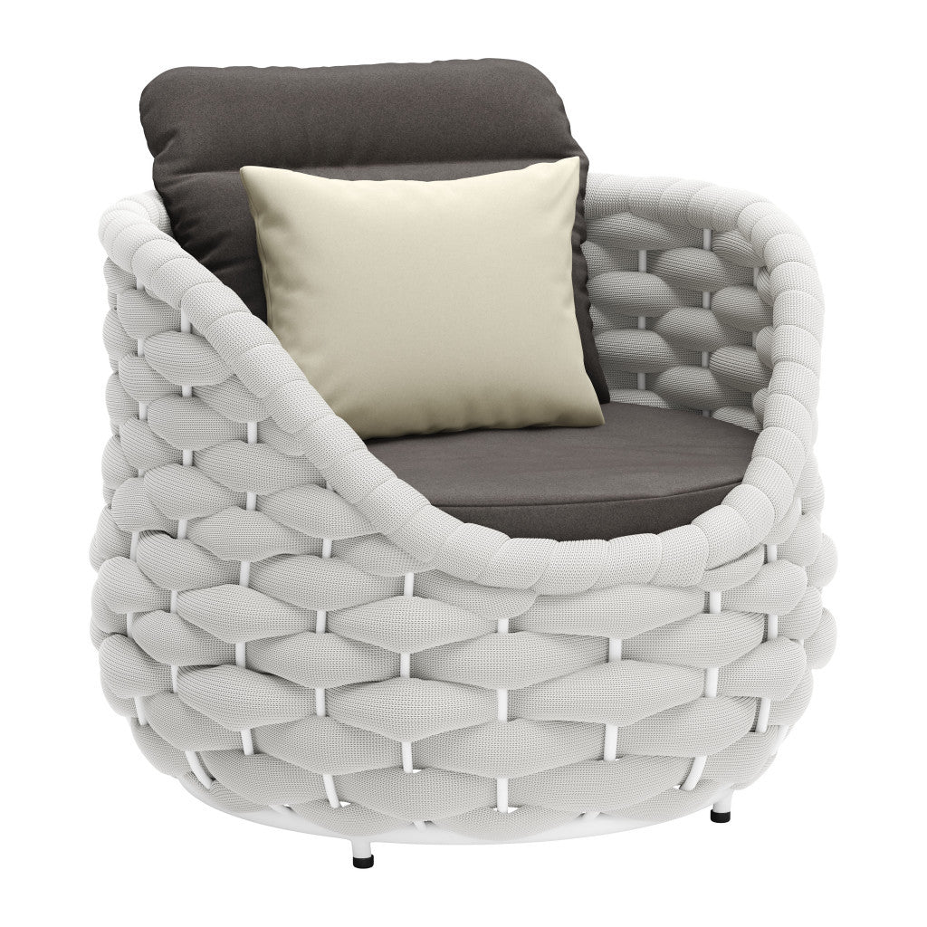 34" Gray And White Olefin Barrel Chair And Toss Pillow