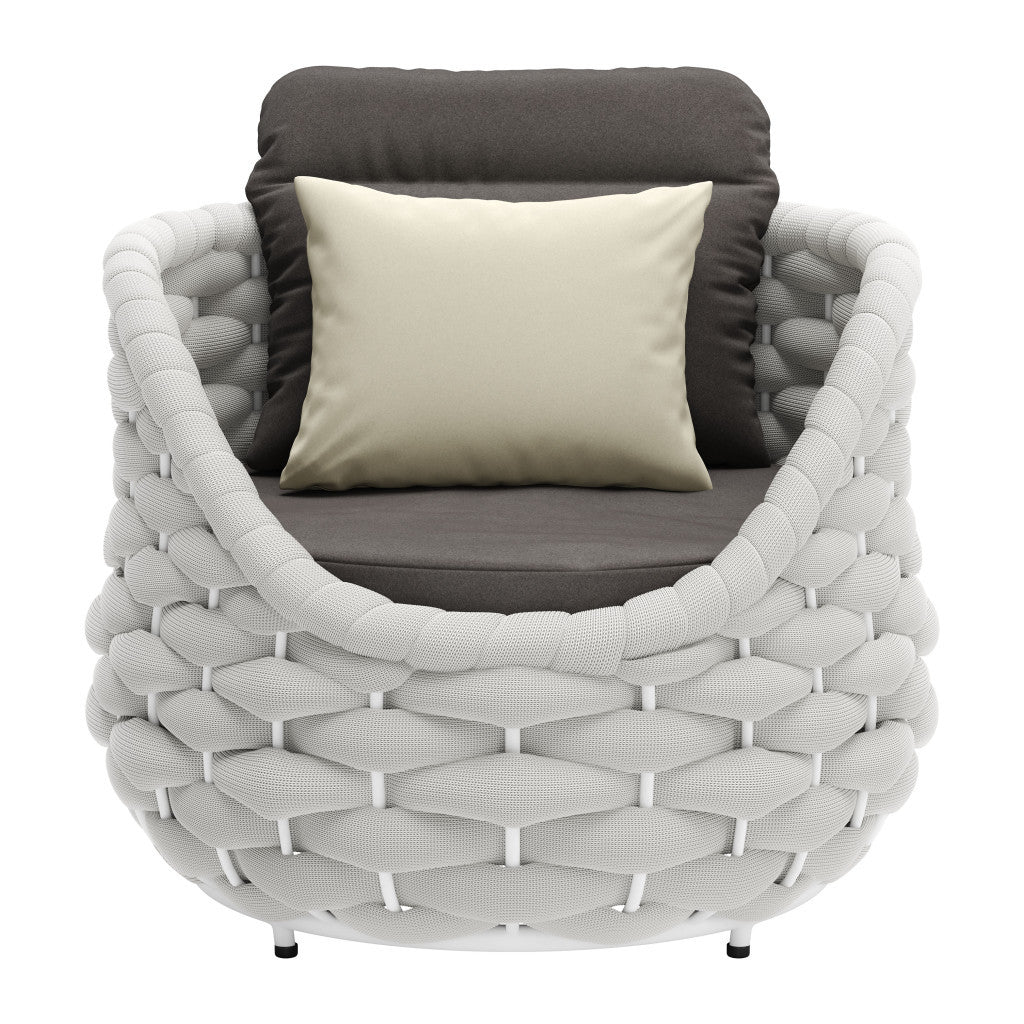 34" Gray And White Olefin Barrel Chair And Toss Pillow