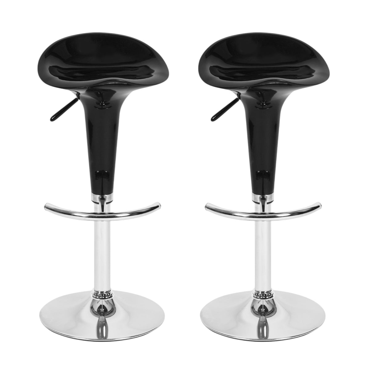 Set of Two Black and Silver Heavy Duty Plastic and Metal Low Back Adjustable Height Swivel Bar Chairs