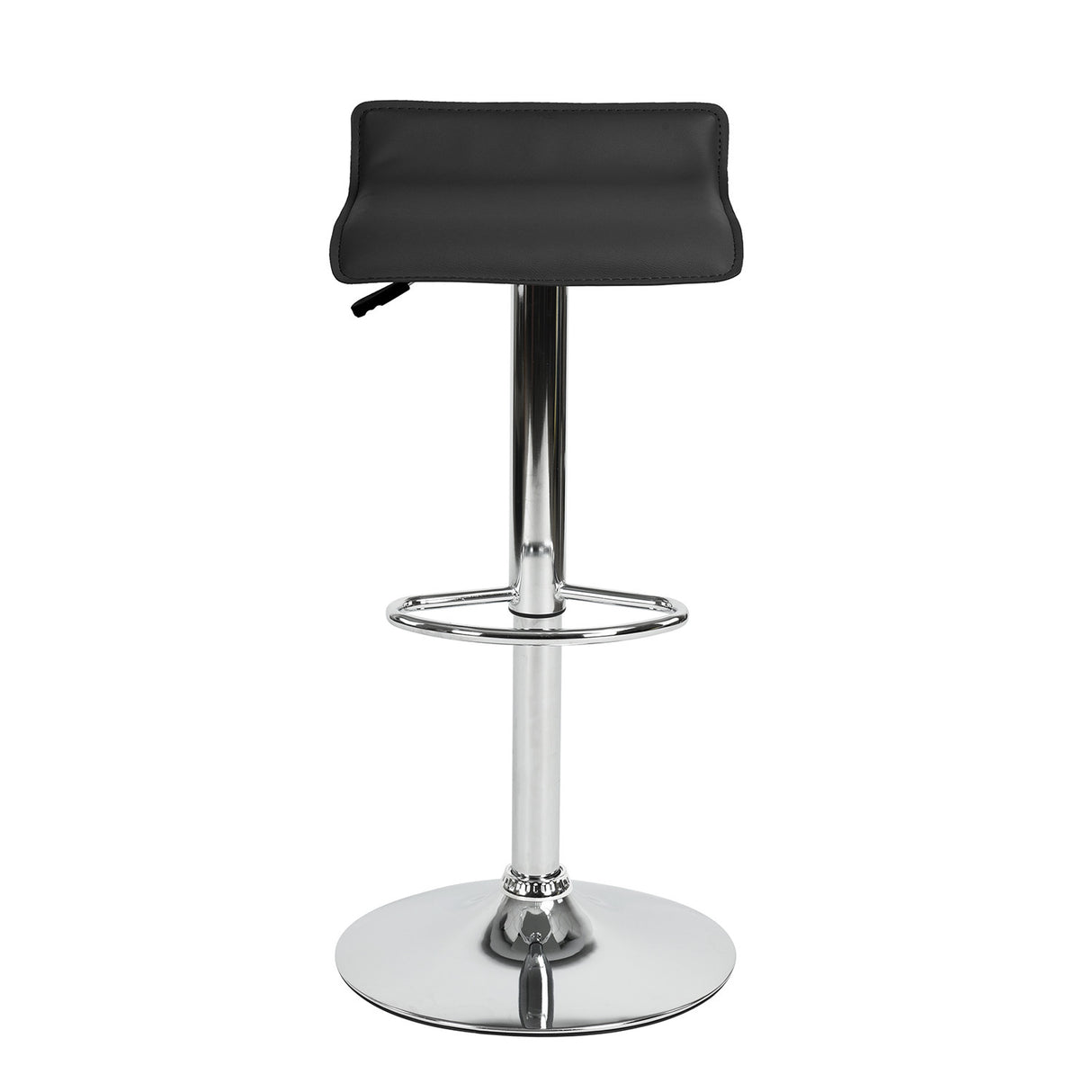 Set of Two Black and Silver Faux Leather and Metal Low Back Adjustable Height Swivel Bar Chairs