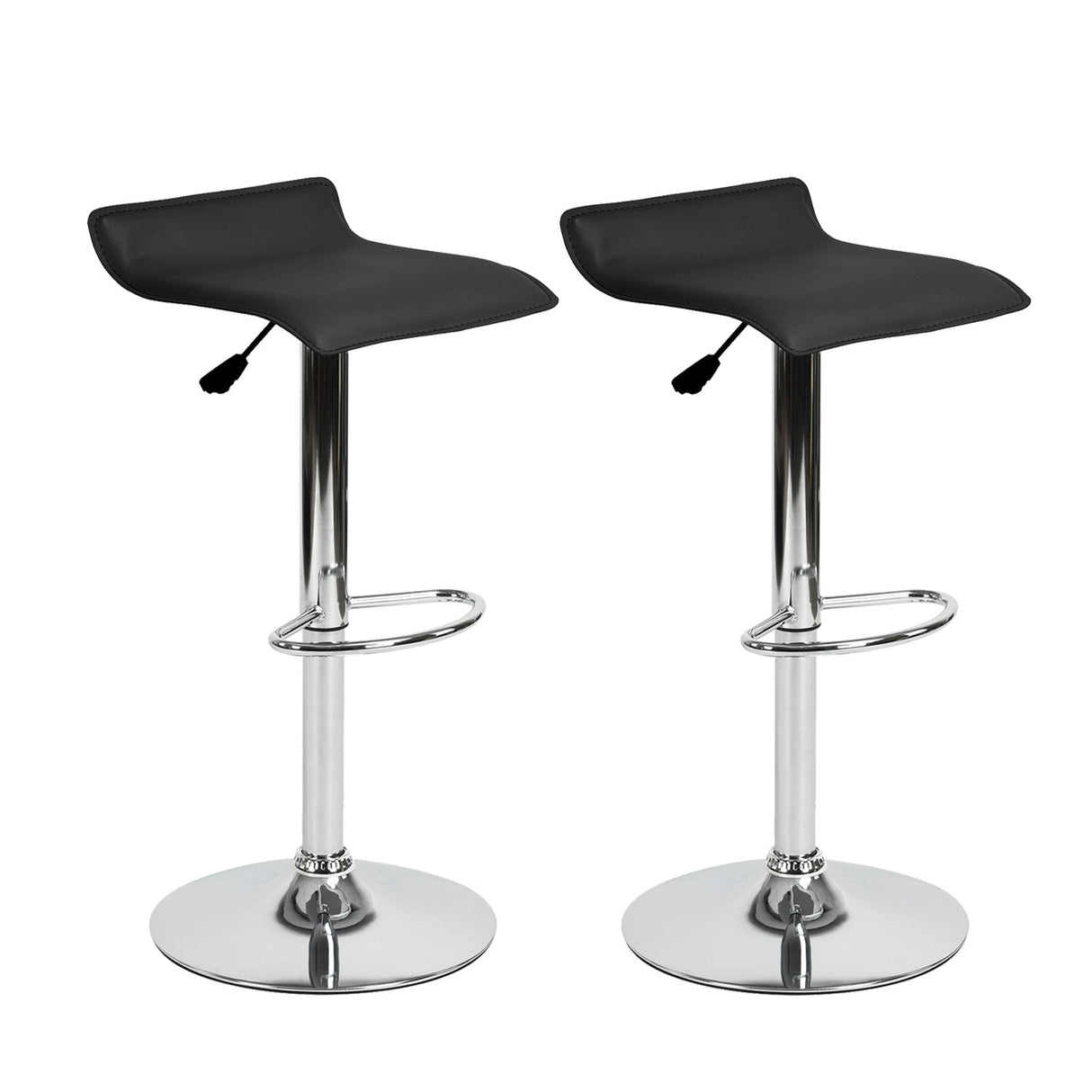 Set of Two Black and Silver Faux Leather and Metal Low Back Adjustable Height Swivel Bar Chairs