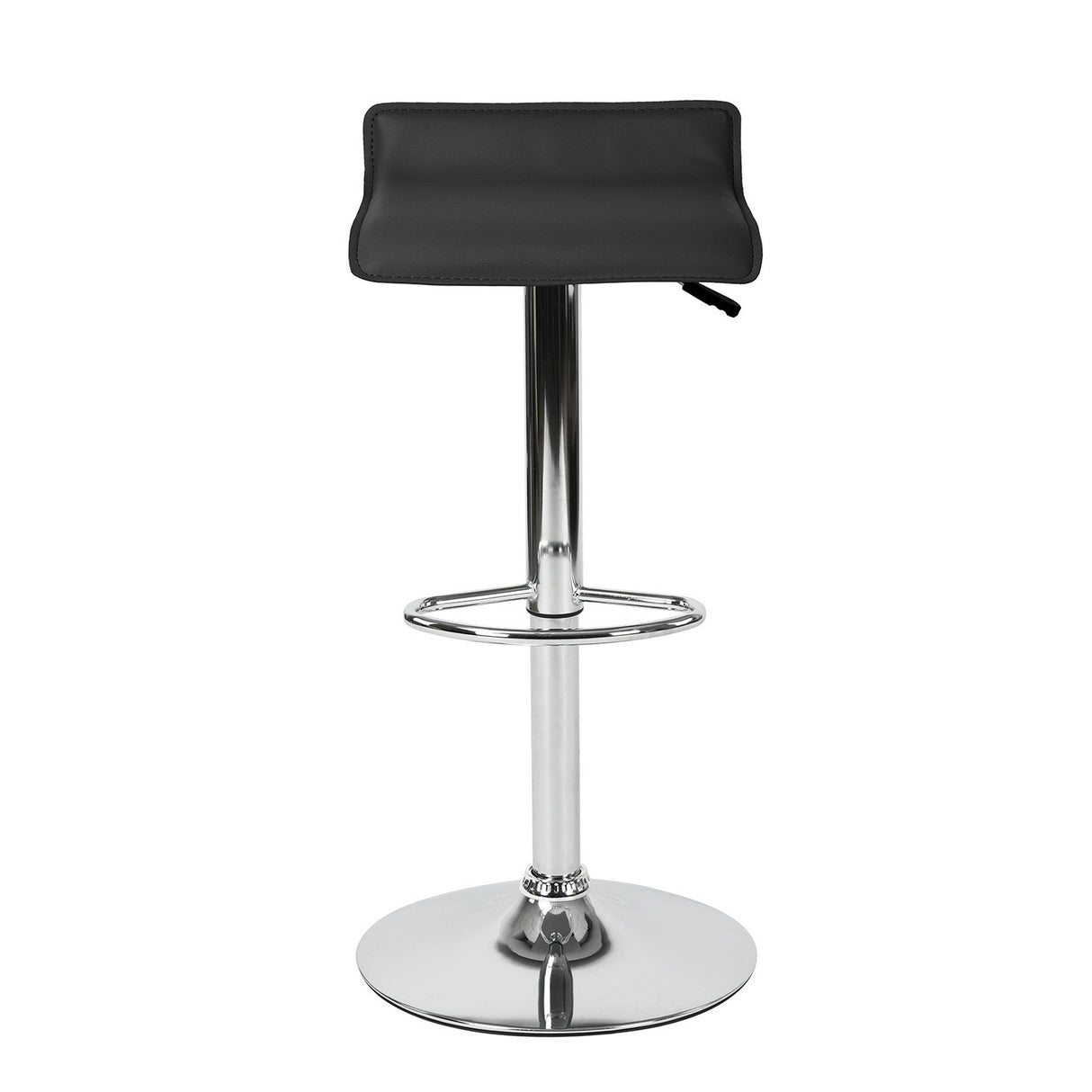 Set of Two Black and Silver Faux Leather and Metal Low Back Adjustable Height Swivel Bar Chairs