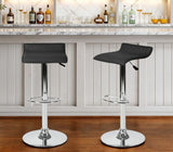 Set of Two Black and Silver Faux Leather and Metal Low Back Adjustable Height Swivel Bar Chairs