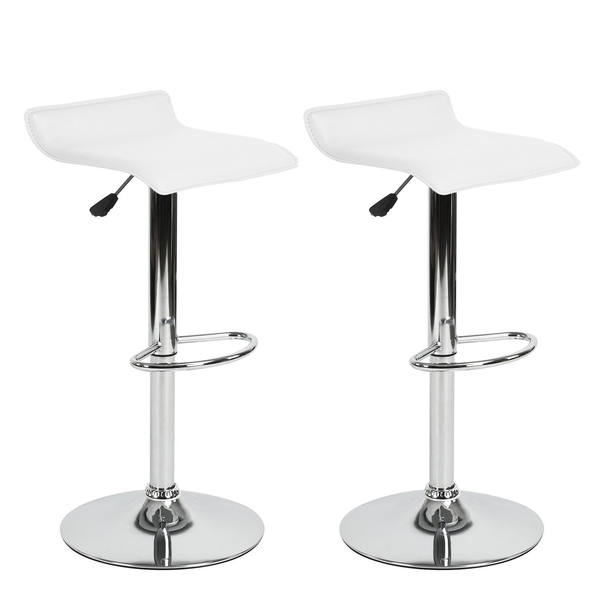 Set of Two White and Silver Faux Leather and Metal Low Back Adjustable Height Swivel Bar Chairs