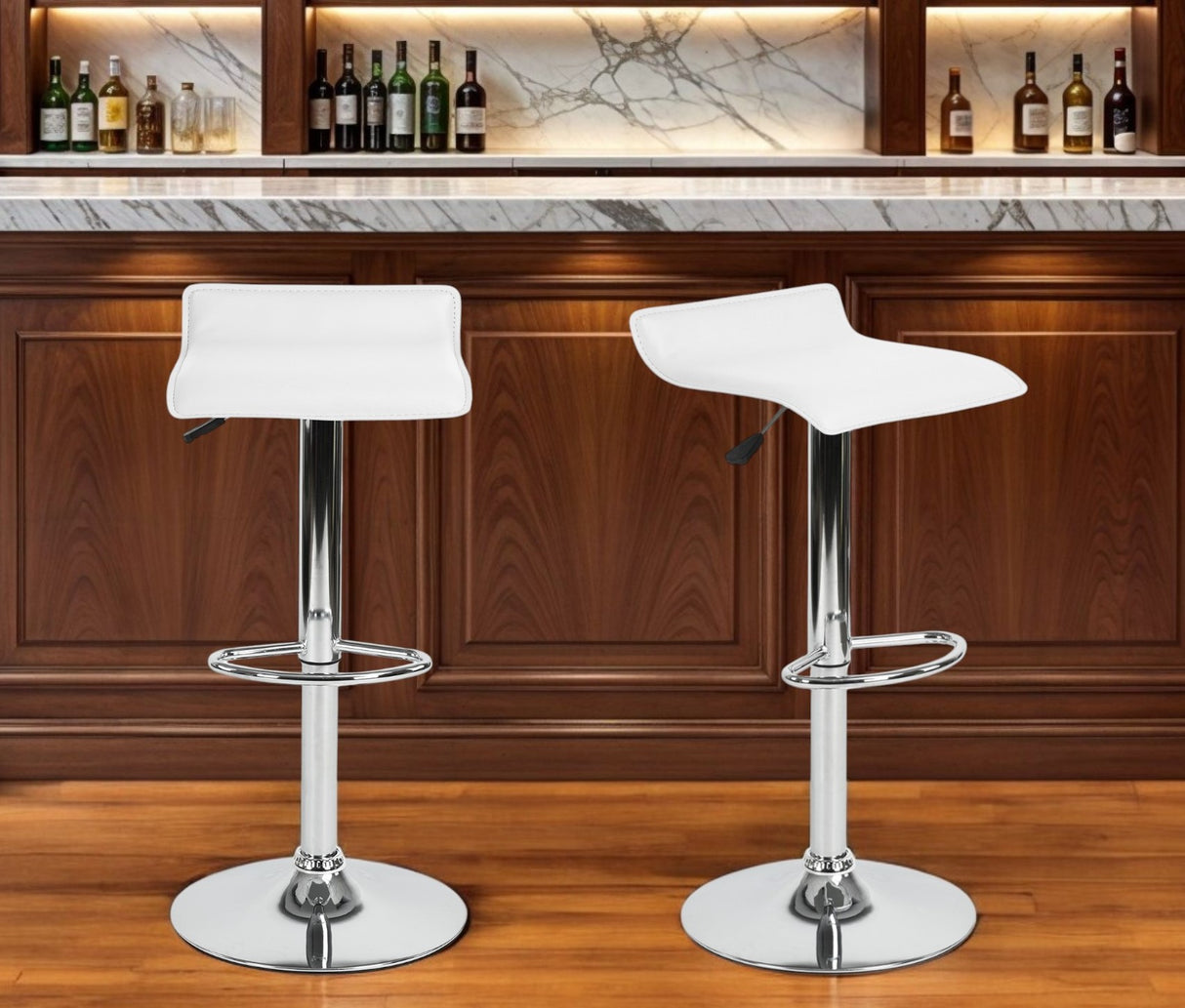 Set of Two White and Silver Faux Leather and Metal Low Back Adjustable Height Swivel Bar Chairs