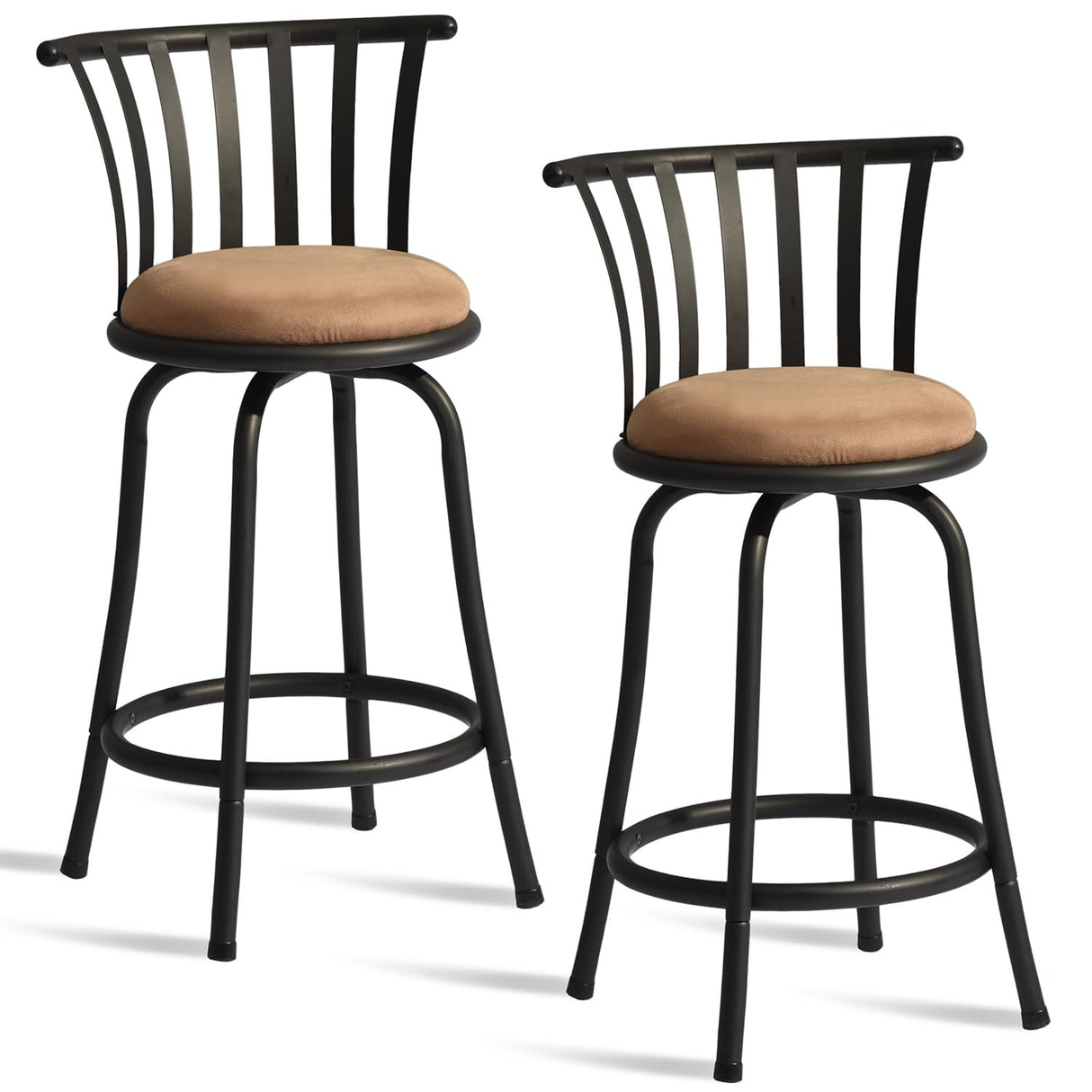 Set of Two 24" Brown and Black Microfiber and Metal Low Back Counter Height Swivel Bar Chairs