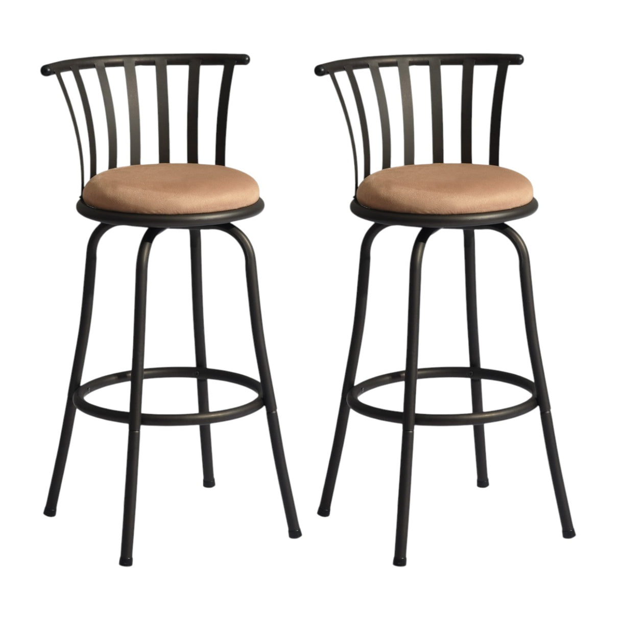 Set of Two 29" Brown and Black Microfiber and Metal Low Back Bar Height Swivel Bar Chairs