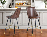 Set of Two 26" Brown and Black and Gold Faux Leather and Metal Counter Height Swivel Bar Chairs