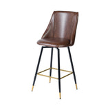 Set of Two 26" Brown and Black and Gold Faux Leather and Metal Counter Height Swivel Bar Chairs