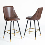 Set of Two 26" Brown and Black and Gold Faux Leather and Metal Counter Height Swivel Bar Chairs