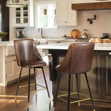 Set of Two 26" Brown and Black and Gold Faux Leather and Metal Counter Height Swivel Bar Chairs