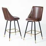 Set of Two 26" Brown and Black and Gold Faux Leather and Metal Counter Height Swivel Bar Chairs