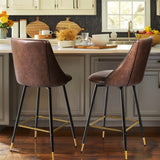 Set of Two 26" Brown and Black and Gold Faux Leather and Metal Counter Height Swivel Bar Chairs