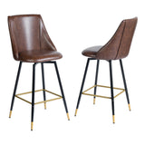 Set of Two 26" Brown and Black and Gold Faux Leather and Metal Counter Height Swivel Bar Chairs