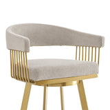 30" Taupe and Gold Fabric and Stainless Steel Low Back Bar Height Swivel Bar Chair