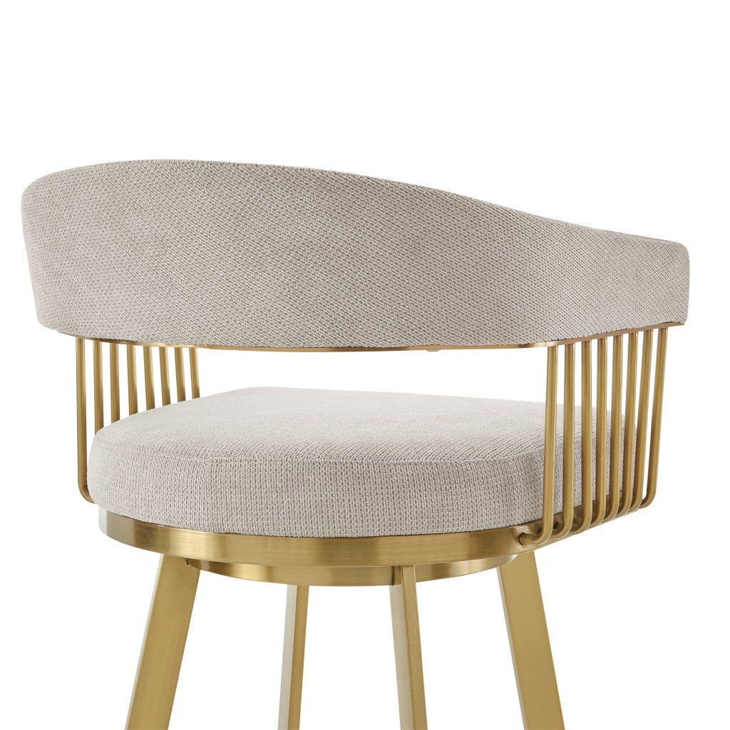 30" Taupe and Gold Fabric and Stainless Steel Low Back Bar Height Swivel Bar Chair