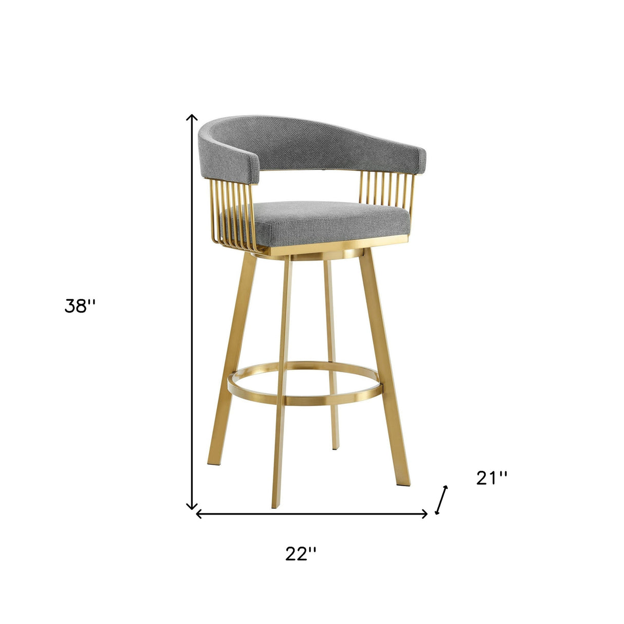 30" Gray and Gold Fabric and Stainless Steel Low Back Bar Height Swivel Bar Chair