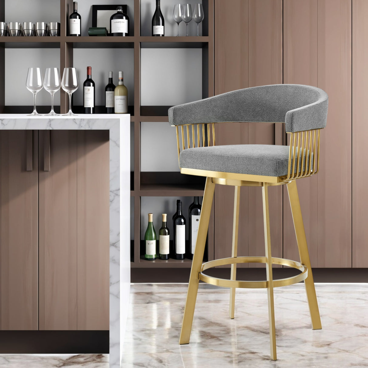 30" Gray and Gold Fabric and Stainless Steel Low Back Bar Height Swivel Bar Chair