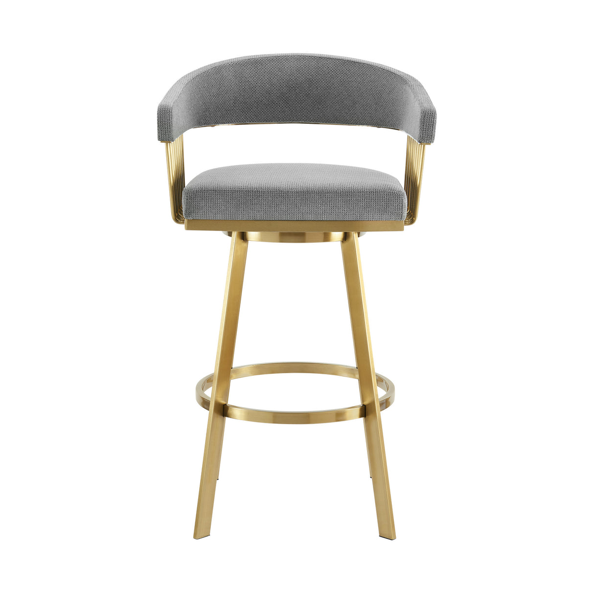 30" Gray and Gold Fabric and Stainless Steel Low Back Bar Height Swivel Bar Chair