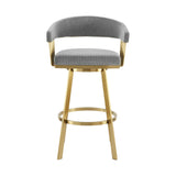 30" Gray and Gold Fabric and Stainless Steel Low Back Bar Height Swivel Bar Chair