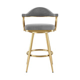 30" Gray and Gold Fabric and Stainless Steel Low Back Bar Height Swivel Bar Chair