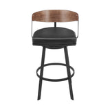 30" Black and Brown Faux Leather and Iron Low Back Bar Height Swivel Bar Chair