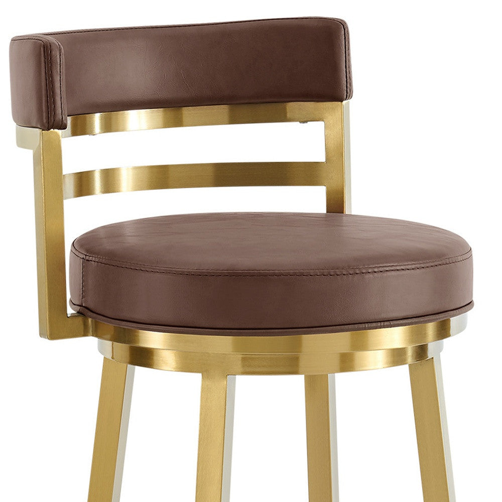 26" Coffee and Gold Faux Leather and Stainless Steel Low Back Counter Height Swivel Bar Chair