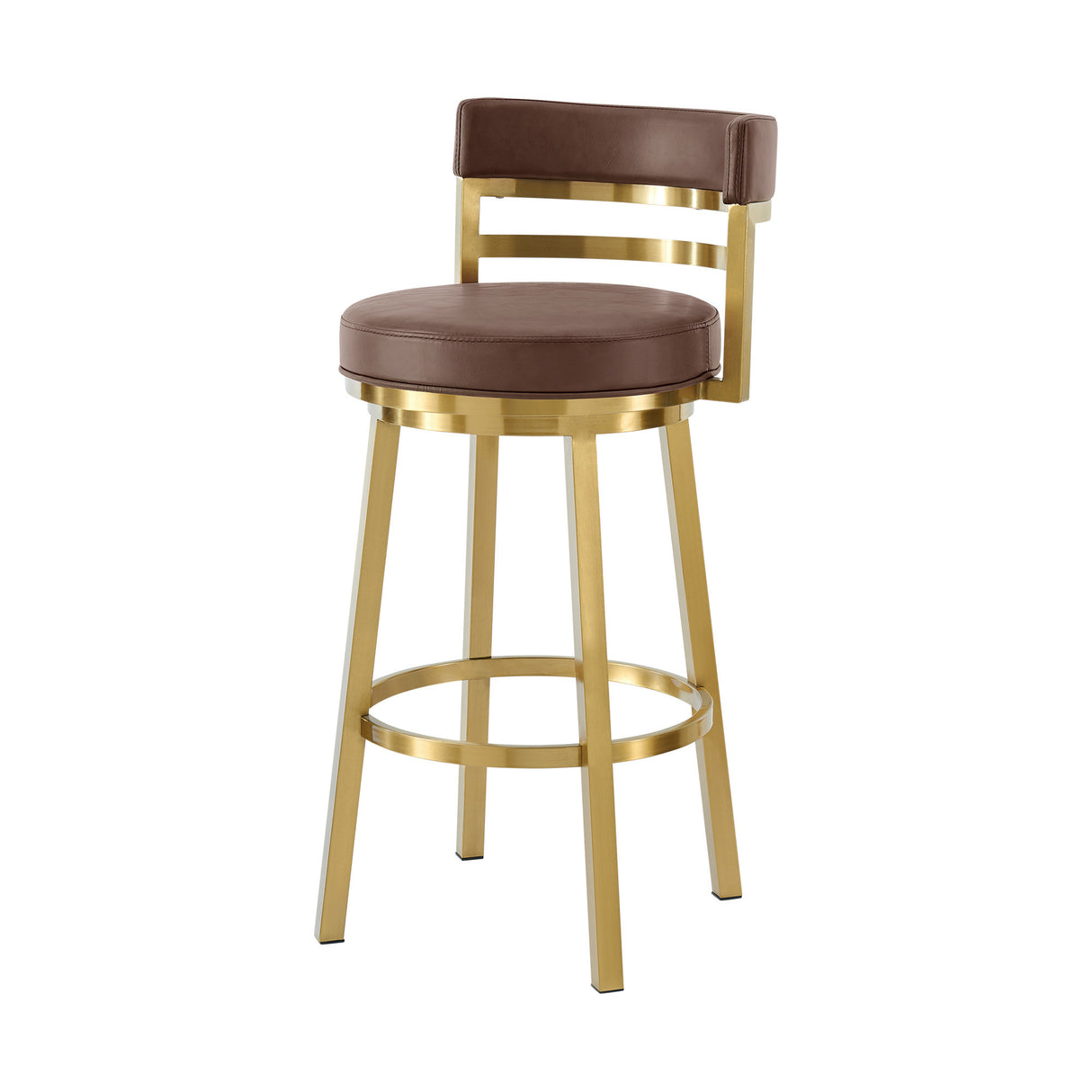 26" Coffee and Gold Faux Leather and Stainless Steel Low Back Counter Height Swivel Bar Chair