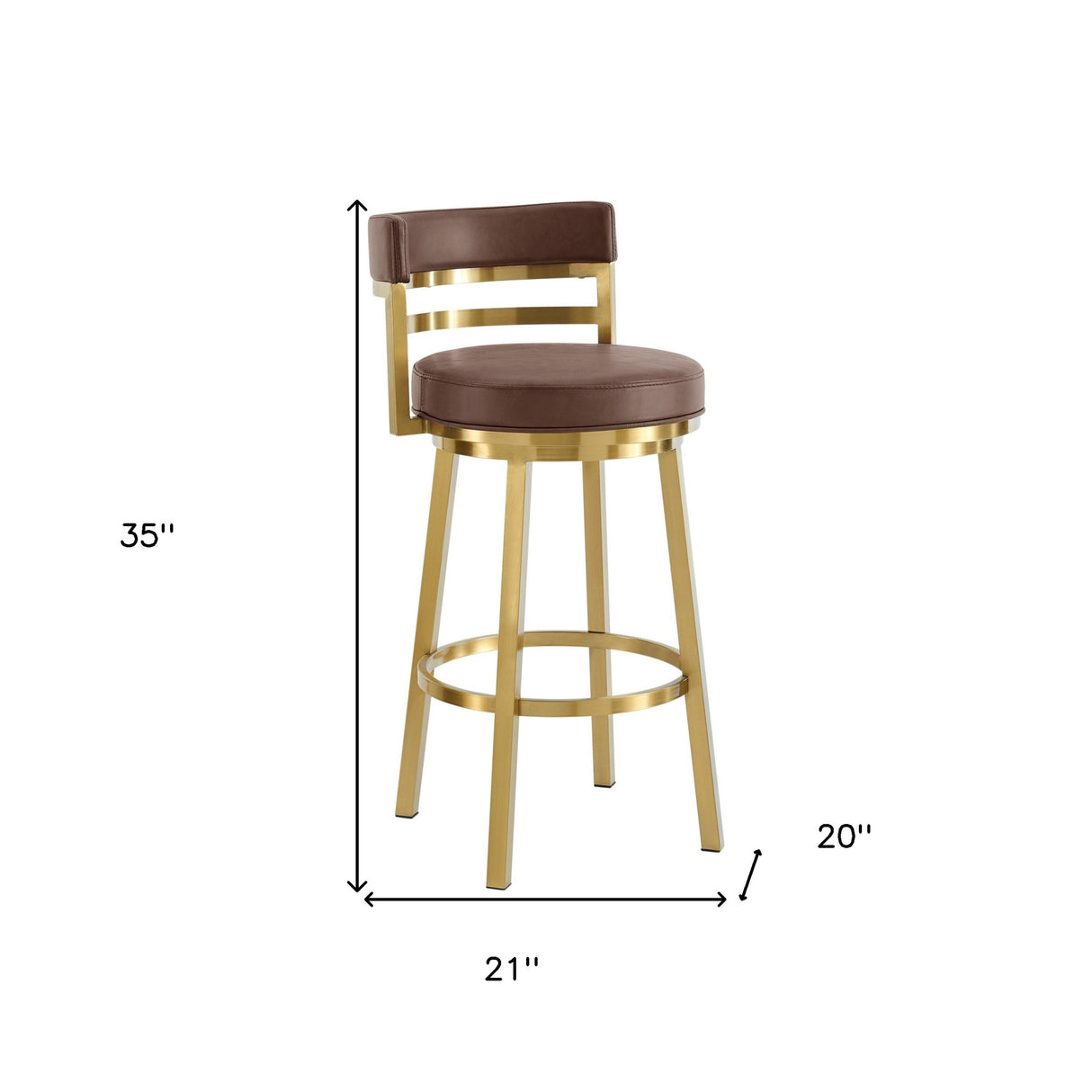 26" Coffee and Gold Faux Leather and Stainless Steel Low Back Counter Height Swivel Bar Chair