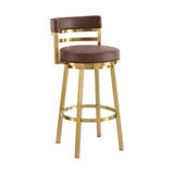 26" Coffee and Gold Faux Leather and Stainless Steel Low Back Counter Height Swivel Bar Chair