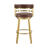 26" Coffee and Gold Faux Leather and Stainless Steel Low Back Counter Height Swivel Bar Chair