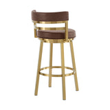 26" Coffee and Gold Faux Leather and Stainless Steel Low Back Counter Height Swivel Bar Chair