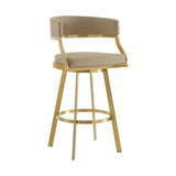 30" Sand and Gold Faux Leather and Stainless Steel Low Back Bar Height Swivel Bar Chair