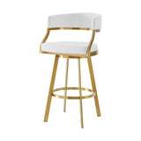 30" White and Gold Faux Leather and Stainless Steel Low Back Bar Height Swivel Bar Chair