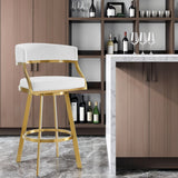 30" White and Gold Faux Leather and Stainless Steel Low Back Bar Height Swivel Bar Chair