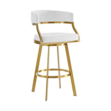 30" White and Gold Faux Leather and Stainless Steel Low Back Bar Height Swivel Bar Chair