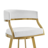 30" White and Gold Faux Leather and Stainless Steel Low Back Bar Height Swivel Bar Chair