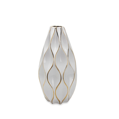 18" White and Gold Geometric Wavy Ceramic Table Vase