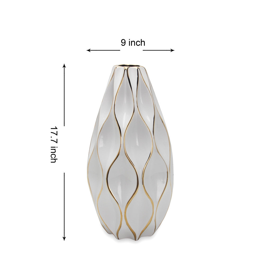 18" White and Gold Geometric Wavy Ceramic Table Vase