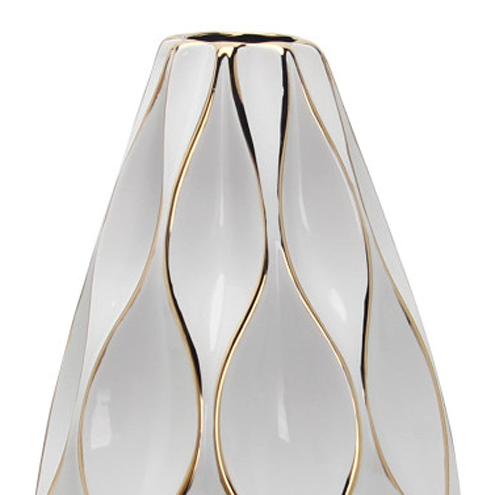 18" White and Gold Geometric Wavy Ceramic Table Vase