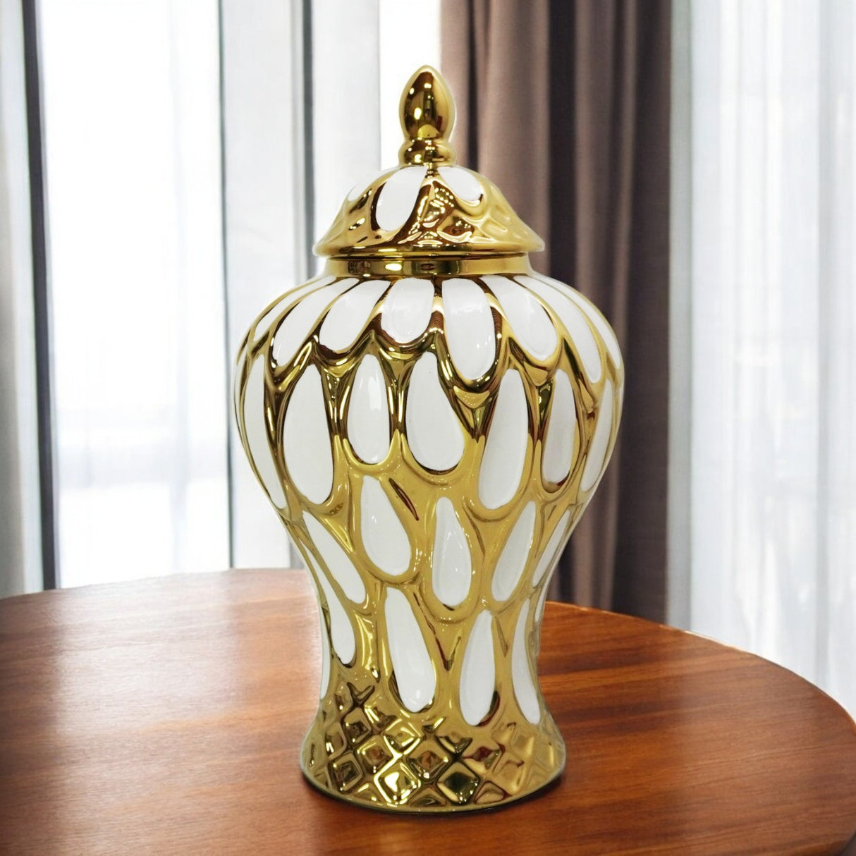 18" White and Gold Abstract Urn Ceramic Ginger Jar