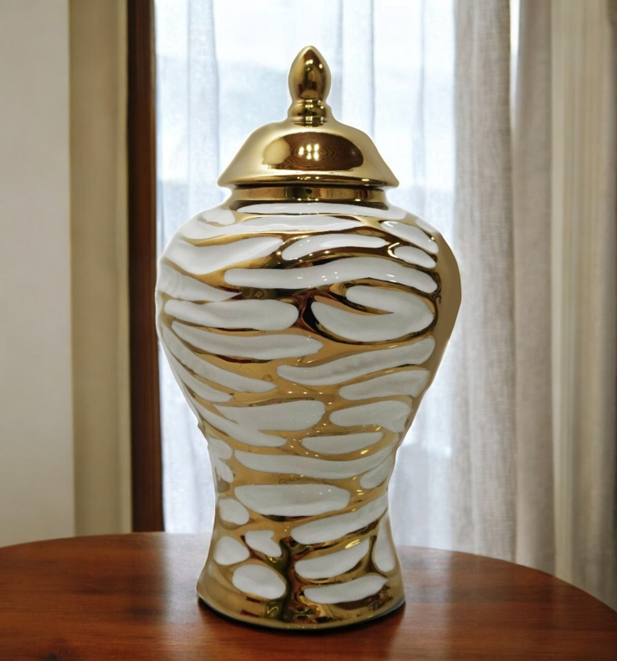 18" White and Gold Abstract Urn Ceramic Ginger Jar