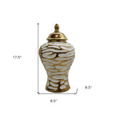 18" White and Gold Abstract Urn Ceramic Ginger Jar