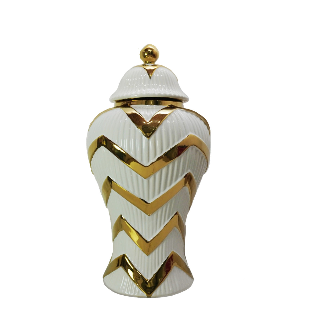 18" White and Gold Chevron Urn Ceramic Ginger Jar