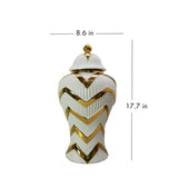 18" White and Gold Chevron Urn Ceramic Ginger Jar