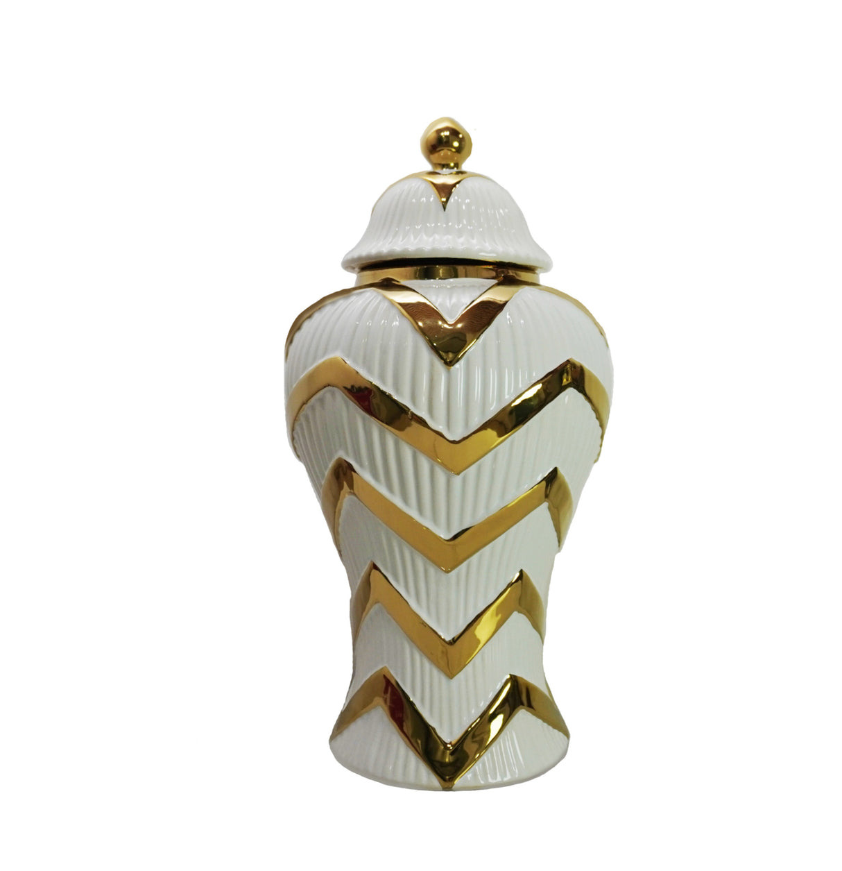 18" White and Gold Chevron Urn Ceramic Ginger Jar