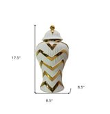 18" White and Gold Chevron Urn Ceramic Ginger Jar