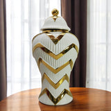 18" White and Gold Chevron Urn Ceramic Ginger Jar