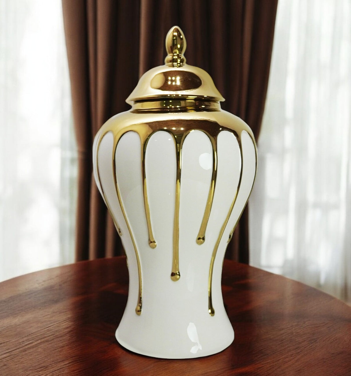 18" White and Gold Abstract Urn Ceramic Ginger Jar